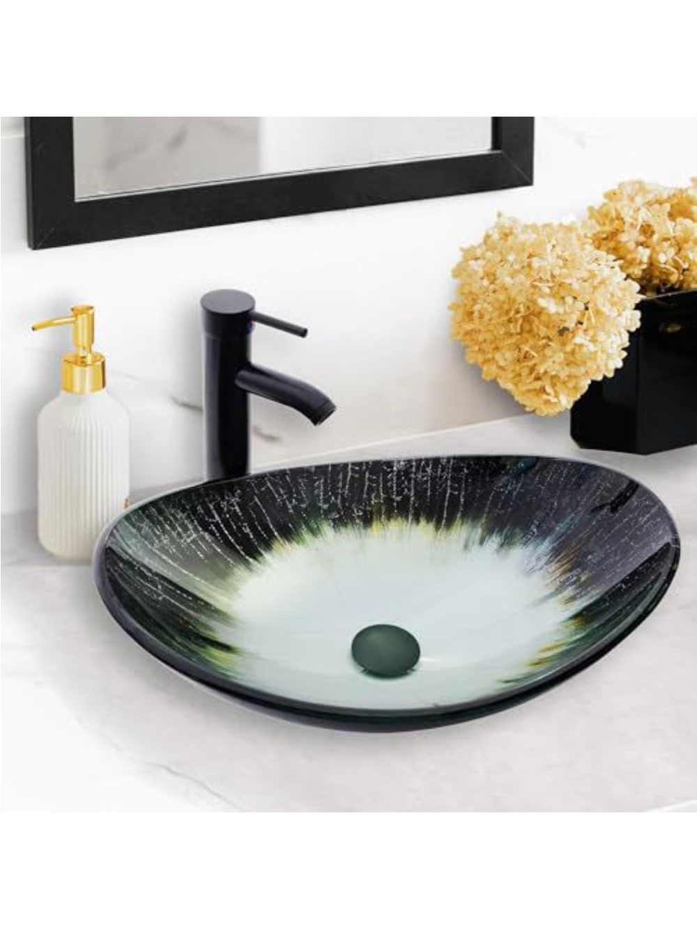 Contemporary Glass Vessel Sink in Black and Green